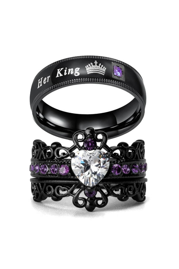 Crown Matching Rings Couple Ring Purple 1CT CZ Women Wedding Ring Set Male Titanium Band