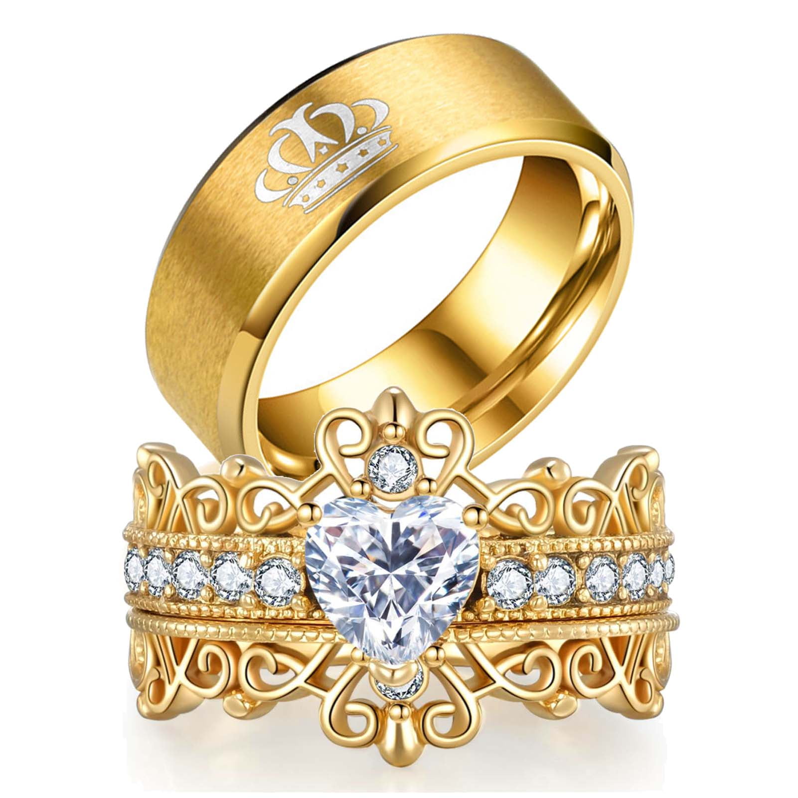 Golden Titanium Elegant King and Queen Couple Band Ring - Karat Cart