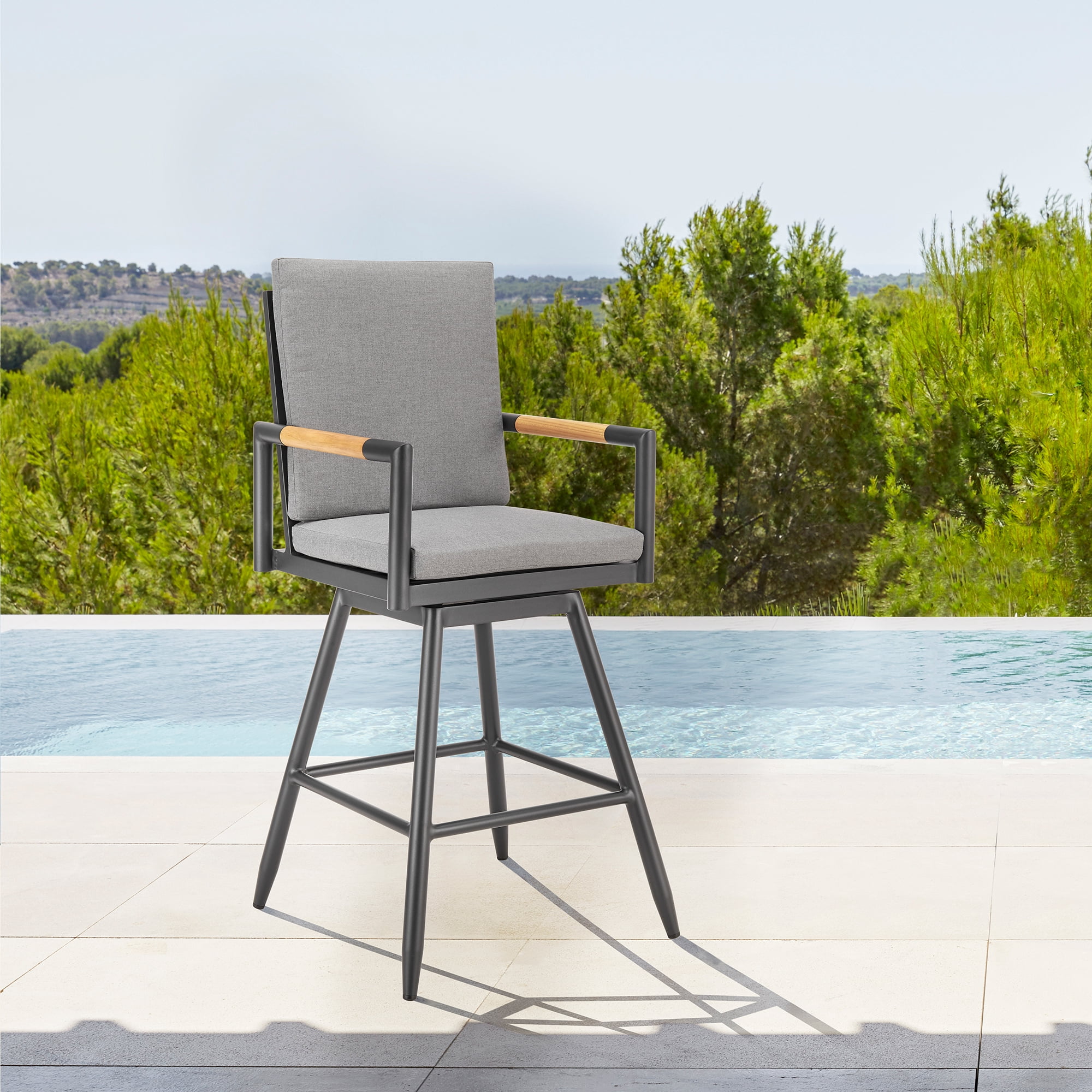 Crown Outdoor Patio Swivel Bar Stool in Black Aluminum with Wood Accent and Dark Gray Cushions - Set of 3