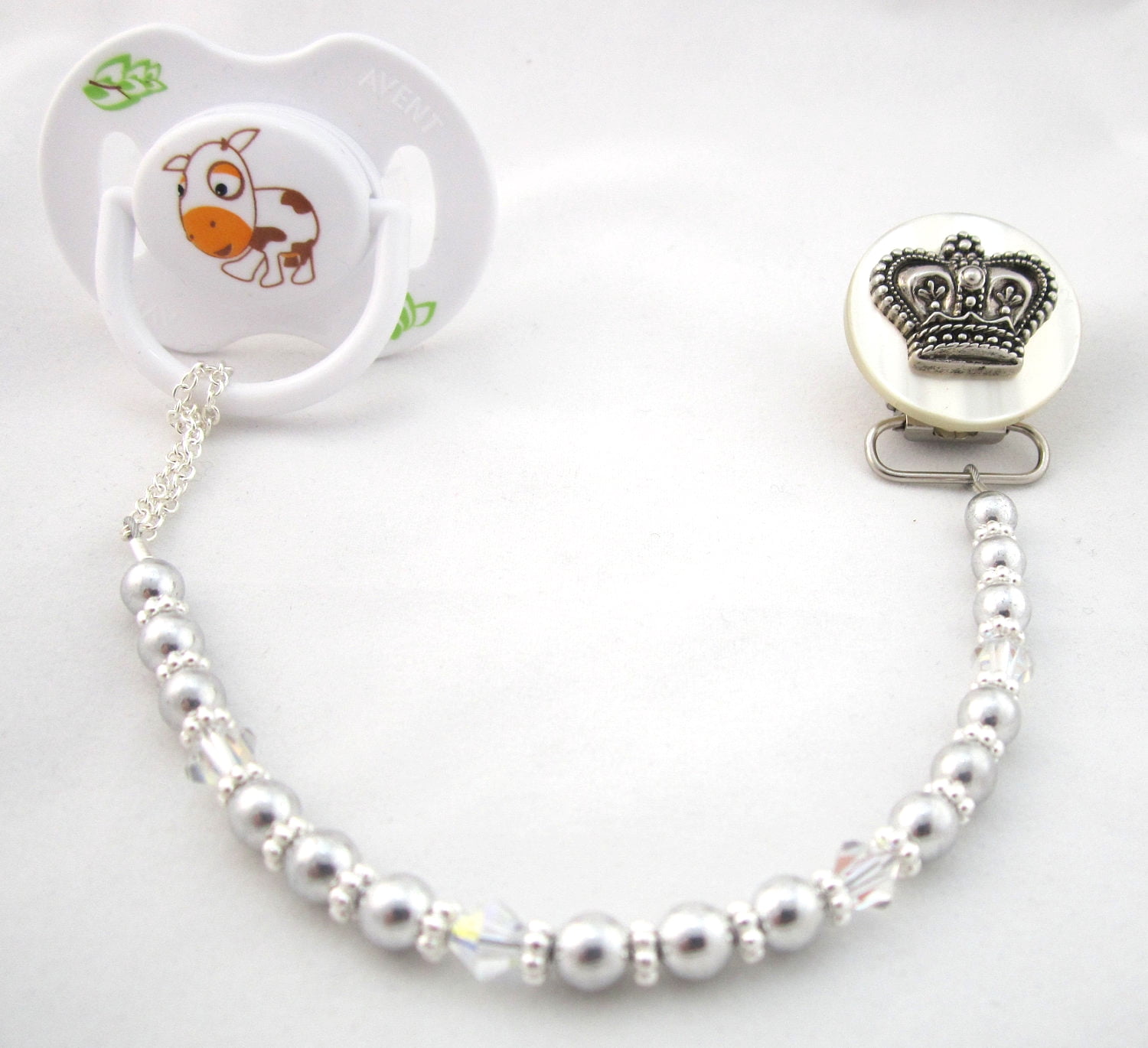 Crown Pacifier Clip with Matching Pearls