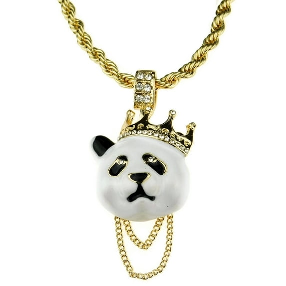 Crown Panda 24" Rope Chain Bear Bling Pendant White Head Gold Finish Hip Hop Necklace