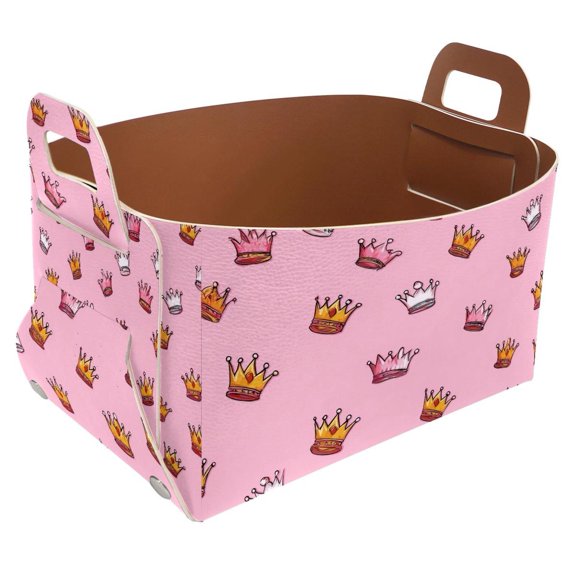Crown Pink Background Storage Basket Collapsible Storage Bin, PU Foldable Basket Convenient Box Storage Organizer with Handles for Shelves Office Bedroom Closet Nursery Toys Laundry