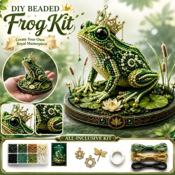 Crown Prince Frog DIY Beaded Craft Making Kit,Lotus Pond 3D Animal Beading Supplies Set,Full Bead Tweezer Cord Tutorial Beginner Handcraft Package,For Adult Stress Relief Desktop Ornament Gift Making