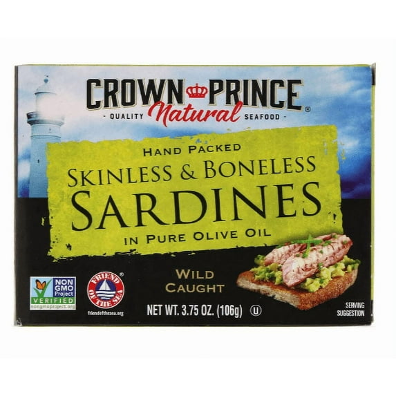 Crown Prince Natural, Skinless & Boneless Sardines, In Pure Olive Oil, 3.75 oz (pack of 6)