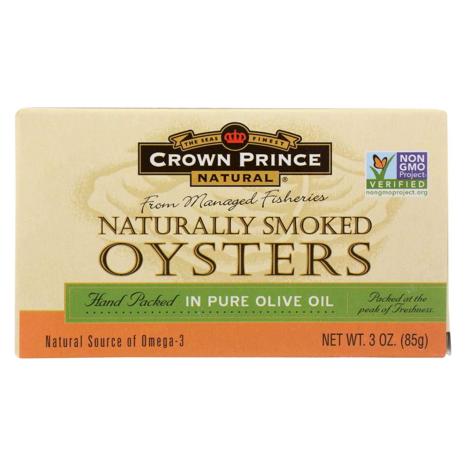 Crown Prince Oysters Naturally Smoked in Pure Olive Oil 3 oz case