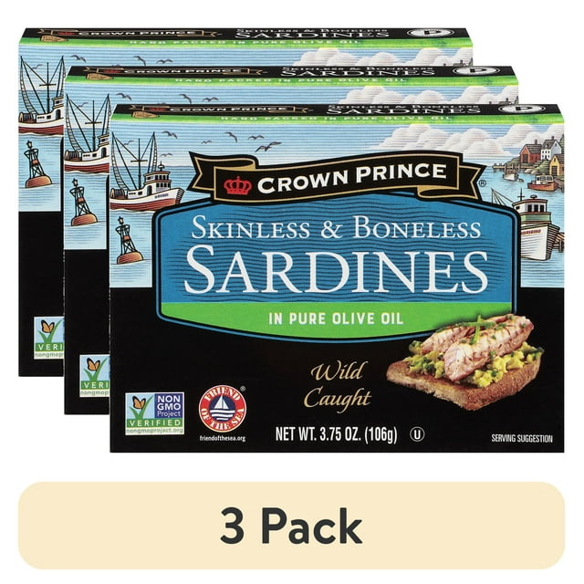 (3 pack) Crown Prince, Skinless & Boneless Sardines in Olive Oil, 3.75