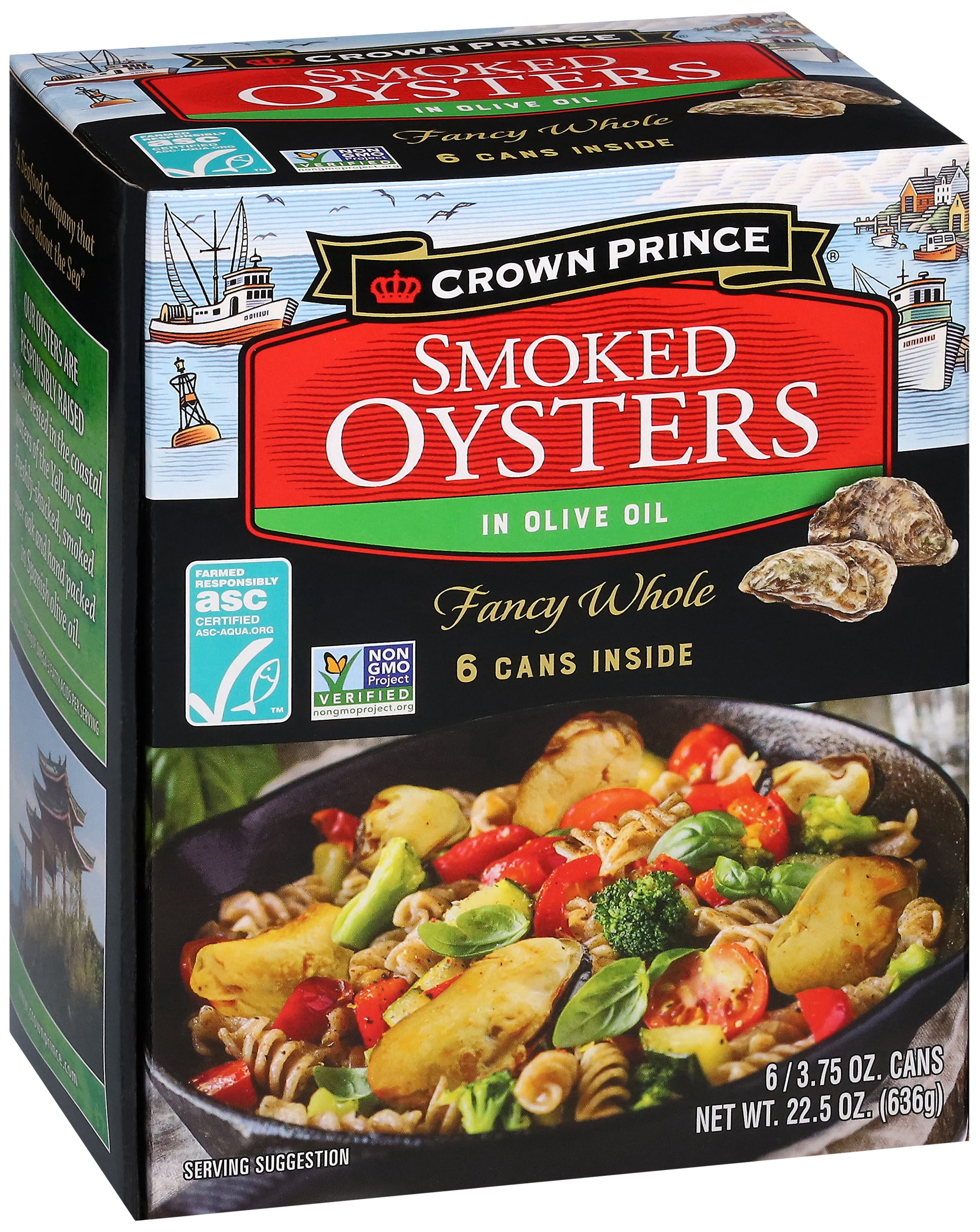 Crown Prince ASC Certified Smoked Oysters in Olive Oil, Gluten Free, 3.75 Ounce Cans, (pack of 6)