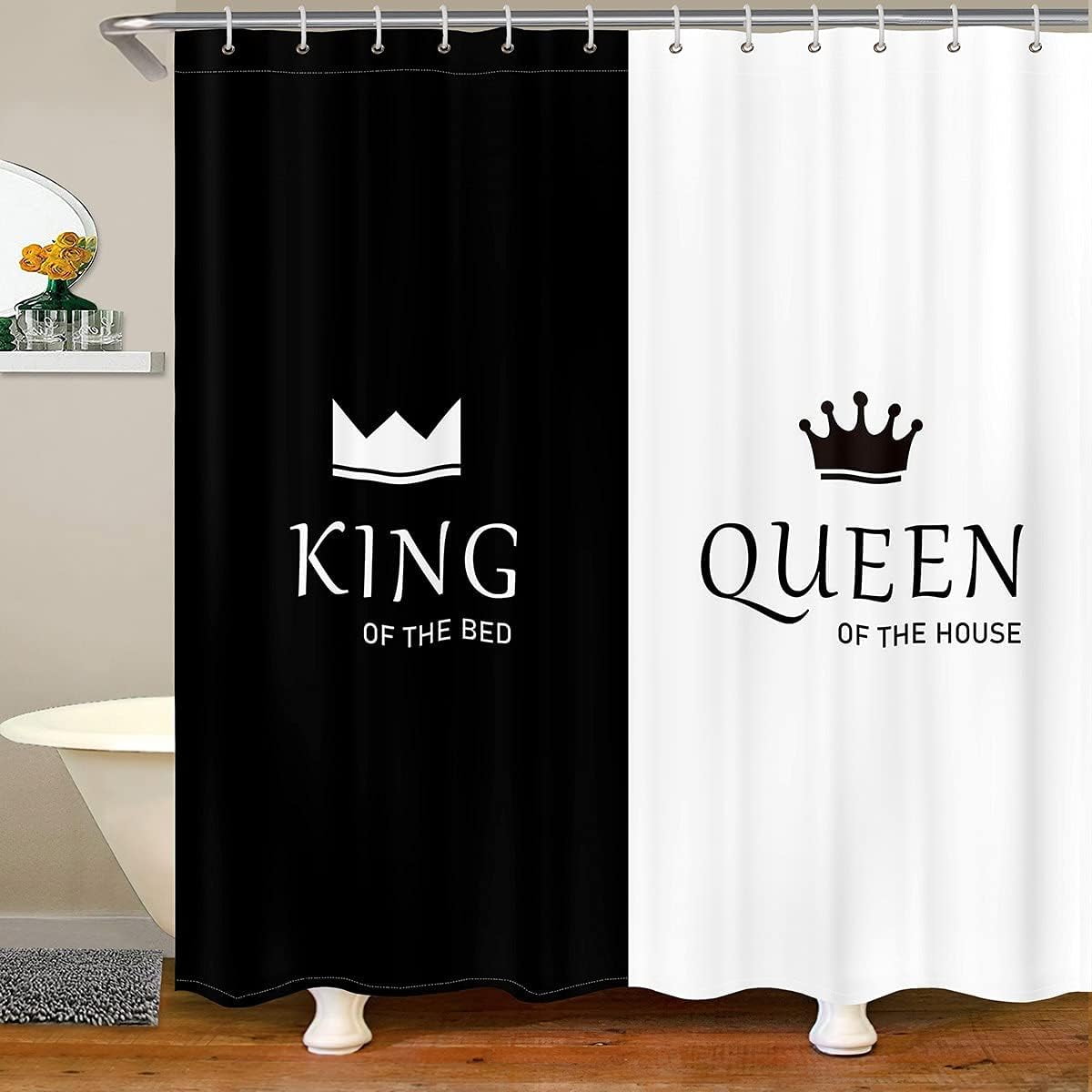 Crown Queen and King Cloth Fabric Bathroom Decor His and Hers Matching Couple Bath Curtain Lover Romantic Valentine''s Day Presents Shower Curtain Black and White Shower Curtain with Hooks 72x84 Inch