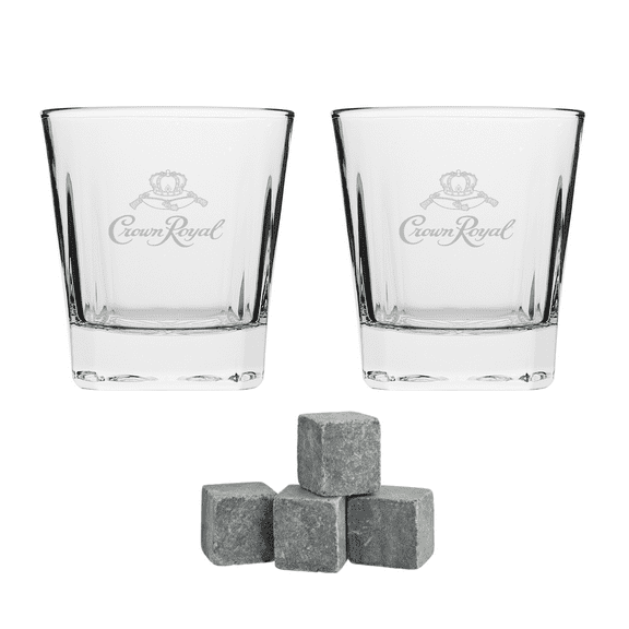 Crown Royal Whiskey Glass and Stone Set by Lords Rocks | 2 Scotch Whiskey Glasses and 4 Unique Chilling Granite Rocks | Whiskey Stone Gift Set for Men Compatible