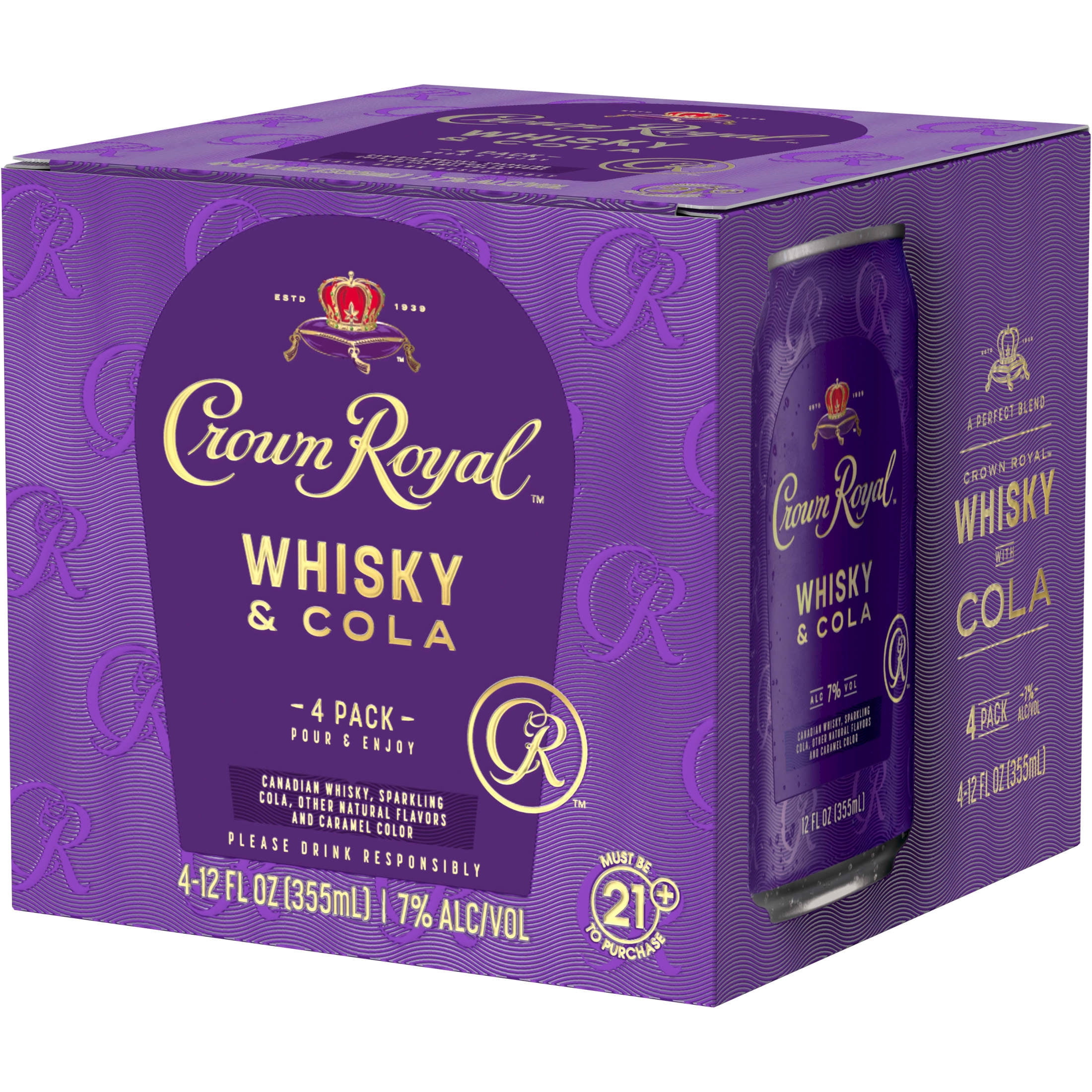Crown Royal Whisky and Cola Canadian Whisky Cocktail, 4-PACK (4 x 12 fl oz), 7% ABV
