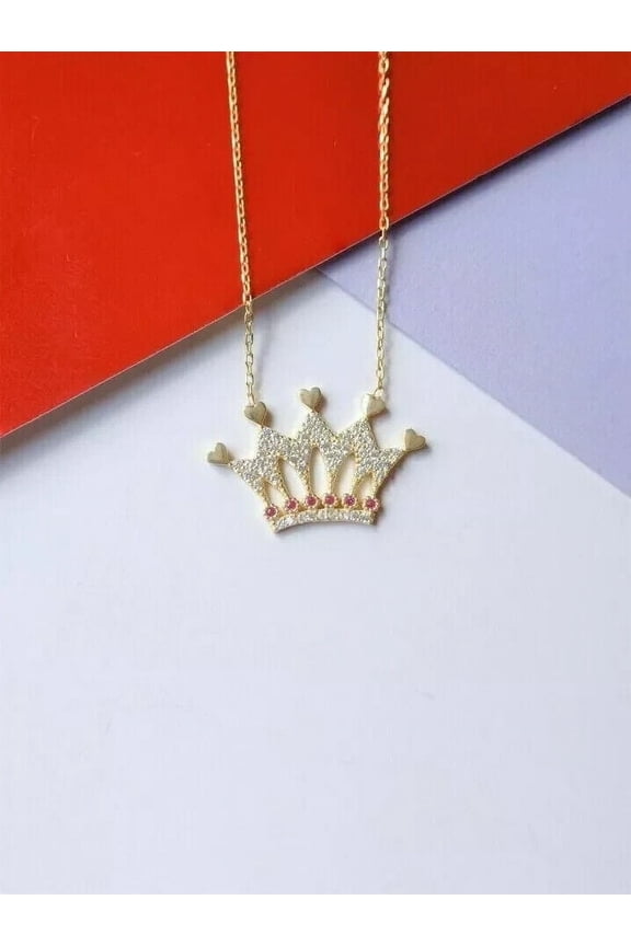 Crown Ruby/Diamond Lab Created Round Cut Pendant in 14K Plated Gold Yellow
