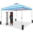 thumbnail image 1 of Crown Shades 10x10 Pop up Canopy Tent, Patented One Push Pop Up Tent with Wheeled Carry Bag, Bonus 8 Stakes and 4 Ropes, Sky Blue Stripes, 1 of 8