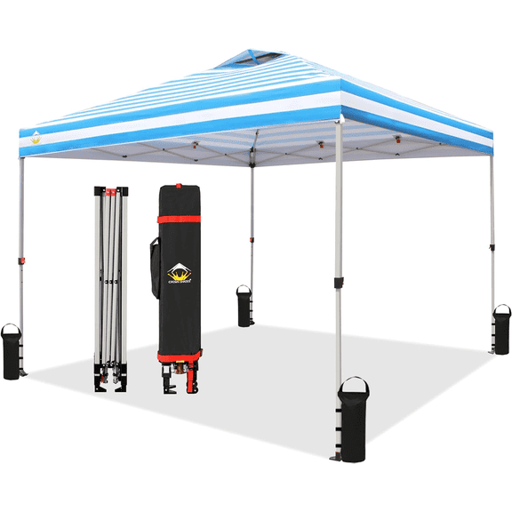 Crown Shades 10x10 Pop up Canopy Tent, Patented One Push Pop Up Tent with Wheeled Carry Bag, Bonus 8 Stakes and 4 Ropes, Sky Blue Stripes