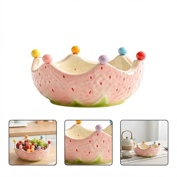 Crown Shaped Ceramic Fruit Bowl, 17.5x17.5x9.5cm Cute Strawberry Design Decorative Serving Bowl for Kitchen Countertop, Salad, and Table Centerpiece