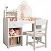 Crown Shaped LED Lighted Vanity Desk Set, Adjustable Lighting, 2 Drawers & Open Shelves, Sturdy Engineered Wood Dressing Table with Stool,White