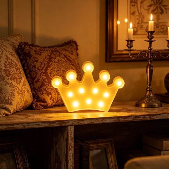 Crown Shaped LED Marquee Night Light - Battery Operated Tabletop or Wall Decor, Warm White, Plastic, 10.6 in