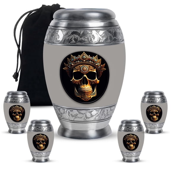 Crown Skull Large Urn For Ashes For Women And Men - Small Cremation Urn For Ashes For Mom - Handmade Unique Gifts For Decorative Combo 10Inch 200Lbs And 3Inch 4 Keepsake Urn