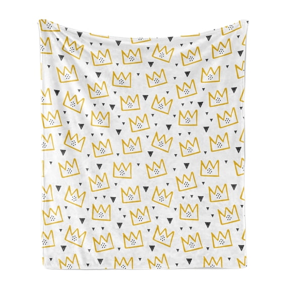 Crown Soft Flannel Fleece Blanket, Hand Drawn Like Artwork of Triangles Dots and Zigzag Formations Pattern, Cozy Plush for Indoor and Outdoor Use, 50" x 60", Dark Blue Grey Mustard, by Ambesonne