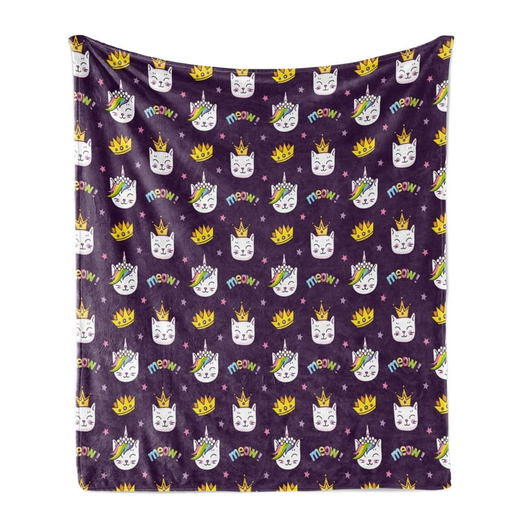 Crown Soft Flannel Fleece Blanket Nursery Themed Caticorn Kitten Faces in Rainbow Hair Along Meow Wording Cozy Plush for Indoor and Outdoor Use 50