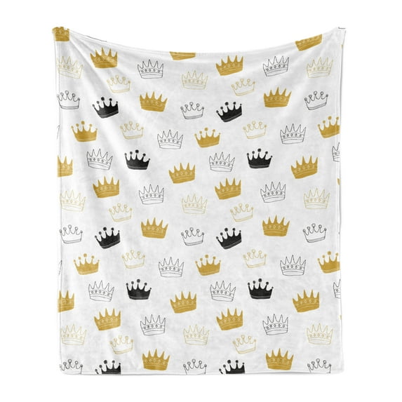 Crown Soft Flannel Fleece Blanket, Pencil Composed Like Drawings Emperor Accessories Old Times Kingdom, Cozy Plush for Indoor and Outdoor Use, 50" x 70", Dark Mustard and Dark Grey, by Ambesonne