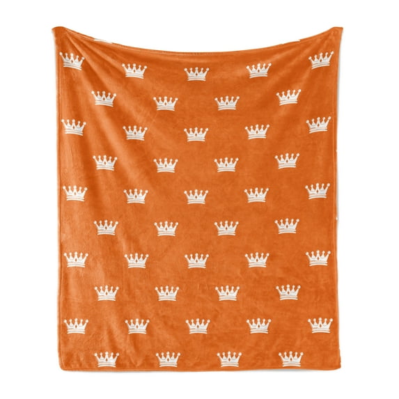 Crown Soft Flannel Fleece Blanket, Simplistic Royalty Pattern of Head Accessories Authority Monarchy Kingdom, Cozy Plush for Indoor and Outdoor Use, 60" x 80", Burnt Orange and White, by Ambesonne