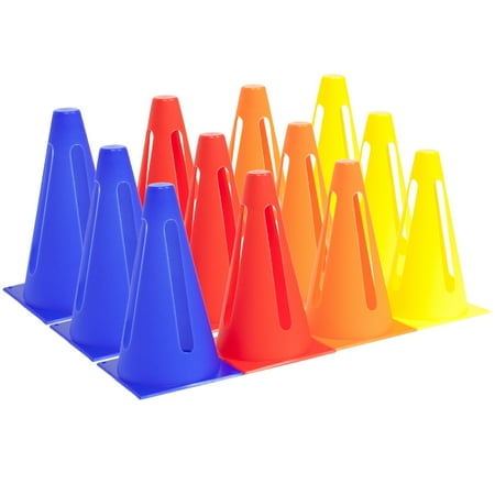 Crown Sporting Goods Set of 12 Collapsible 9" High Hat Sport Cone Markers for Training, in 4 Colors