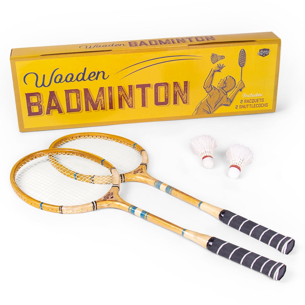 Crown Sporting Goods Vintage Wooden Badminton Set Classic Outdoor Lawn Game For Backyard Family Fun Includes 2 Solid Wood Racquets and Premium Feather Shuttlecocks