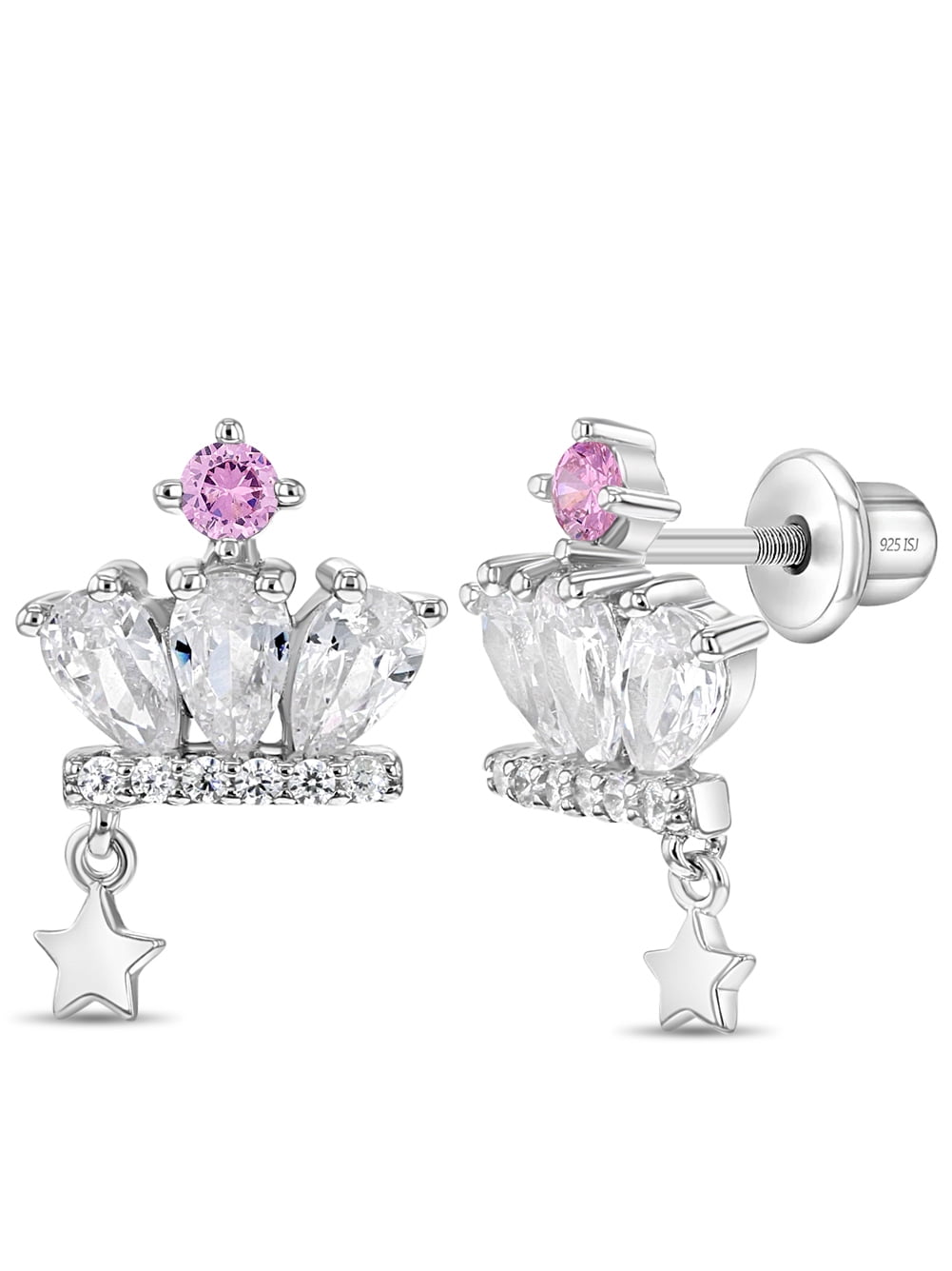 Crown & Star CZ Dangle Kids / Girls Earrings Screw Back - Sterling Silver