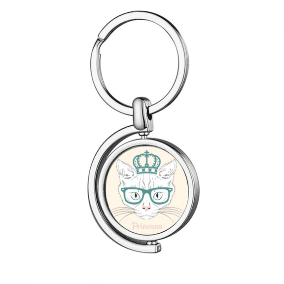 Crown Sunglass White Cat Princess Rotating Keychain Metal Keyring Holder