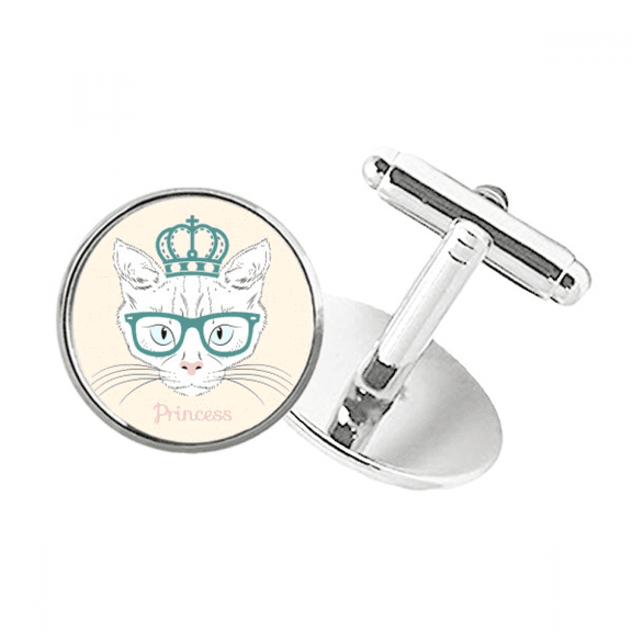 Crown Sunglass White Cat Princess Round Button Cuff Clip Stud Cufflinks
