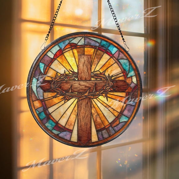 Crown Of Thorns Glass Suncatcher, Round Cross Window Panel With Sunburst Light, Christian Religious Home Decor Gift, Suncatcher Window Hanging, 3.5 in