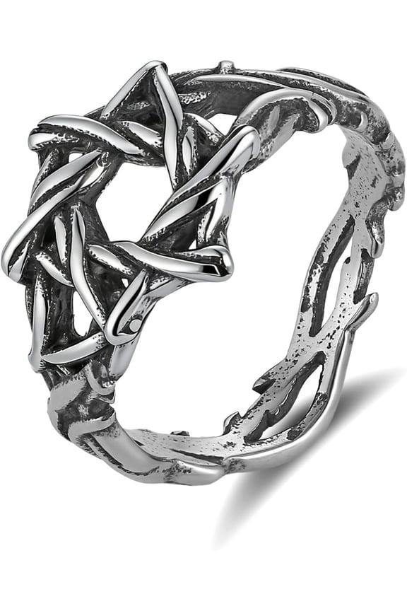 Crown of Thorns Pentagram Ring for Men Women, Stainless Steel Gothic Woven Thorn Band with Star Symbol, Vintage Occult Statement Jewelry for Daily Wear & Gift Size 6-13