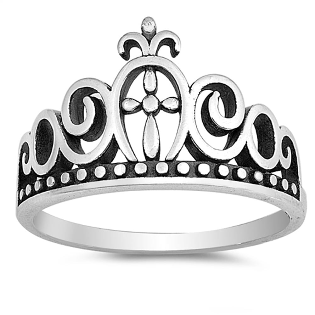 Crown Tiara Cross Swirl King Christ Ring 925 Sterling Silver Band ...