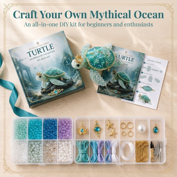 Crown Turtle DIY Seed Bead Kit, Mythical Ocean No Glue 3D Green Turtle Craft Set with Full Accessories, Birthday Holiday Gift for Beginner Crafters Ages 12+