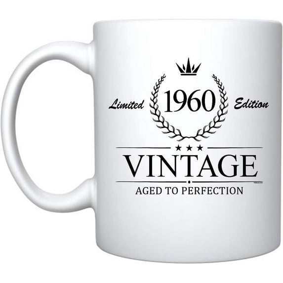 Crown Vintage 1960 Aged To Perfection Ceramic Coffee Mug Birthday Gift For Him Her Sixty (1960, White)