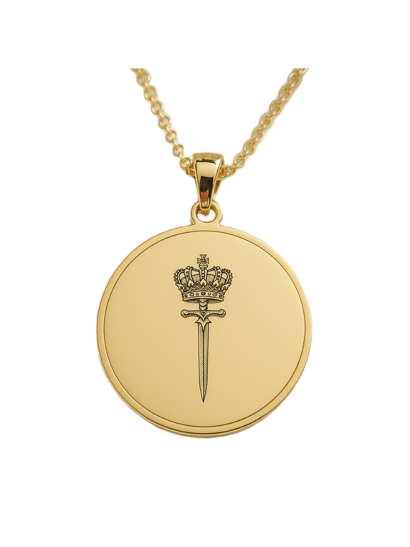 Crown and Dagger Engraved Pendant Necklace, Gold Plated Brass Round Jewelry with 18 Inch Cable Chain, 28mm Engraved Design Pendant for Men & Women