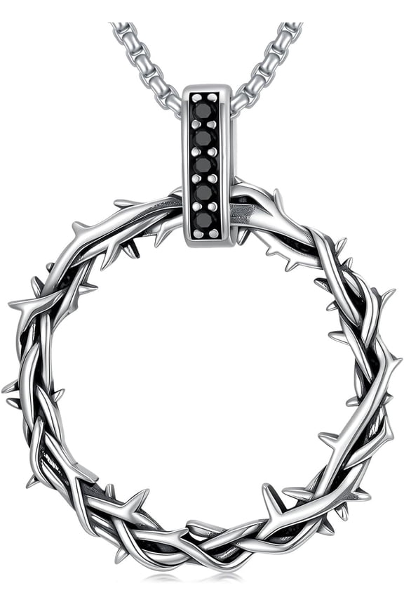 Crown of Thorn Necklace 925 Sterling Silver Christian Crown of Thorn Pendant Necklaces Jewelry for Men, w/Stainless Steel Chain 22+2