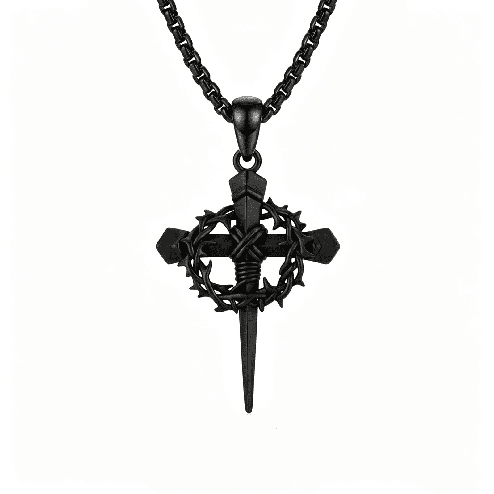 Crown of Thorns Cross Necklace for Men Women, Black Gold Plated Jesus Cross Necklace, Crucifix Nail Pendant, Vintage Christian Religious Gift