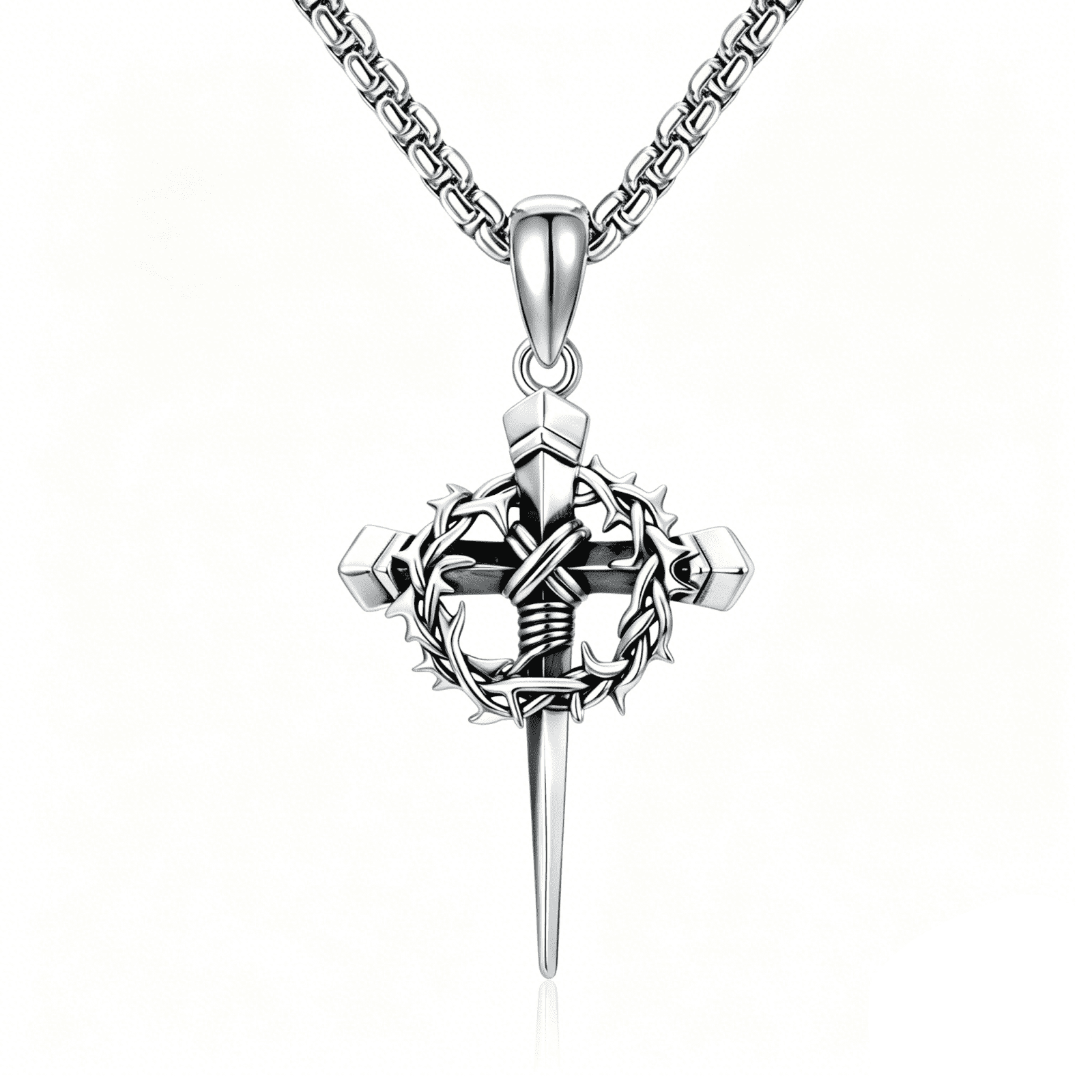 Crown of Thorns Cross Necklace for Men Women, Oxidized Silver Jesus Cross Necklace, Crucifix Nail Pendant, Vintage Christian Religious Gift