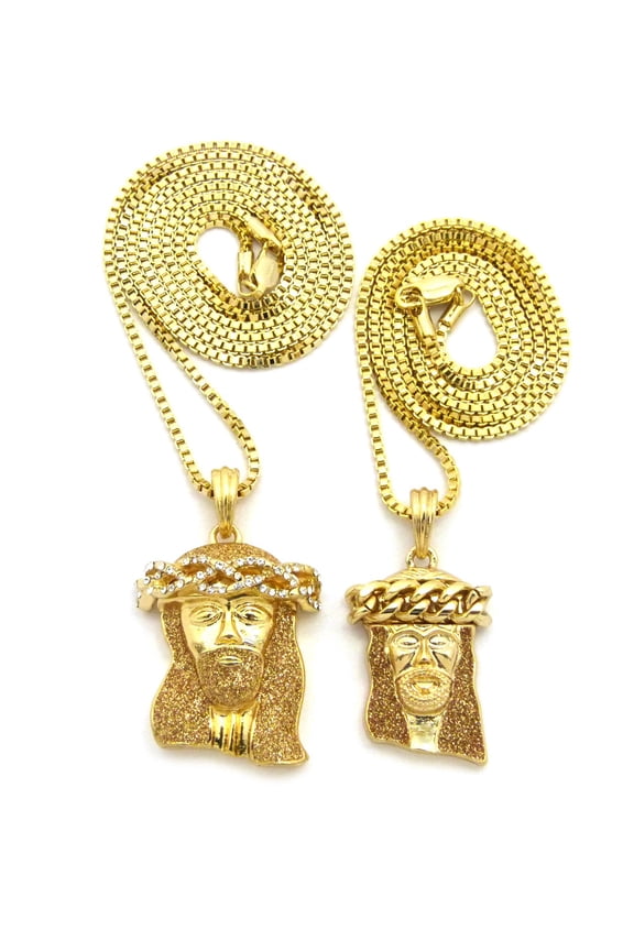 Crown of Thorns Jesus Head Pendant Set w/ 24" & 30" Box Chain Necklaces - Gold-Tone Dusted