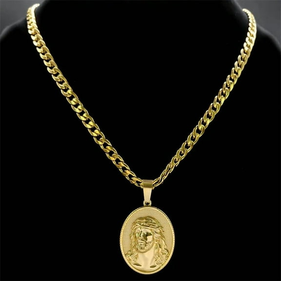 Crown of Thorns Jesus Men Necklace Hip Hop 14K Yellow Gold Christ Medal Pendant Religious Necklaces Jewelry