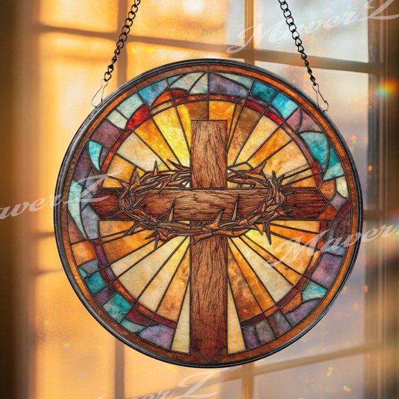 Crown of Thorns Stained Glass Suncatcher, Round Cross Window Panel with Sunburst Light, Christian Religious Home Decor Gift