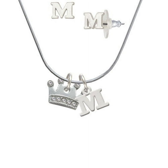 Crown with Clear Crystals - M Initial Charm Necklace and Stud Earrings Jewelry Set