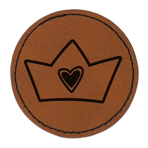 Crown with Heart 2.5" Faux Leather Round Engraved Iron-On Patch - Brown