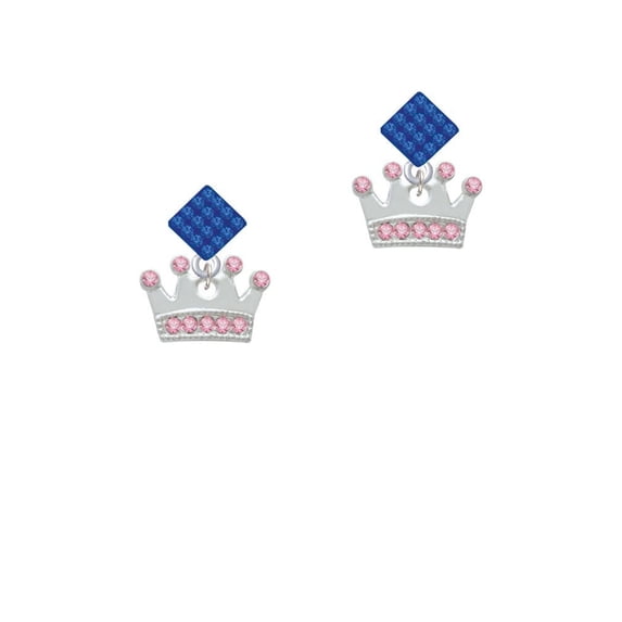 Crown with Light Pink Crystals Blue Crystal Diamond-Shape Earrings