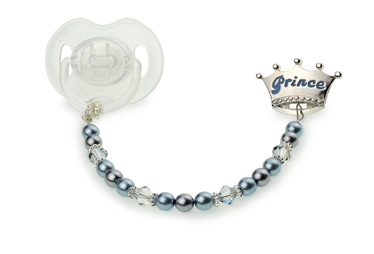 Crown with Swarovski Pearls and Crystals, Sterling Silver Daisy Spacers Pacifier Clip
