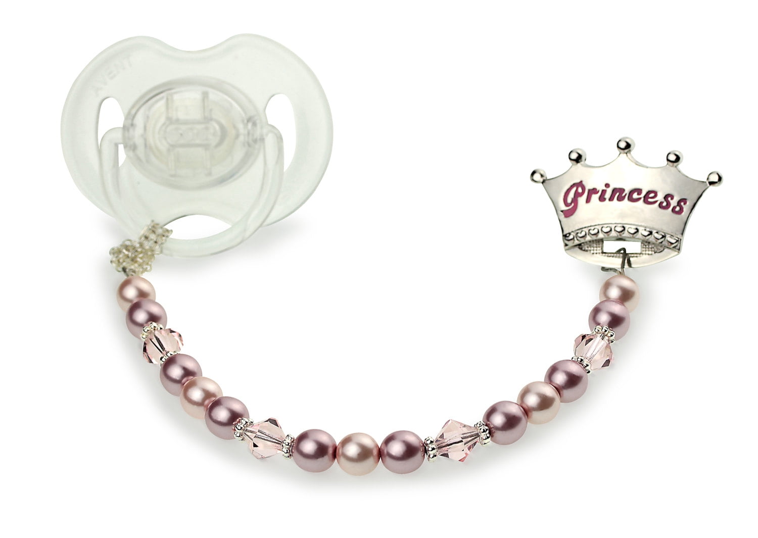 Crown with Swarovski Pearls and Crystals, Sterling Silver Daisy Spacers Pacifier Clip