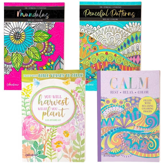 CrownJewlz Advanced Adult Coloring Book Bundle, 4 Books Set with Mandalas, Peaceful Patterns, Bible Verses, Calm Relaxing Images