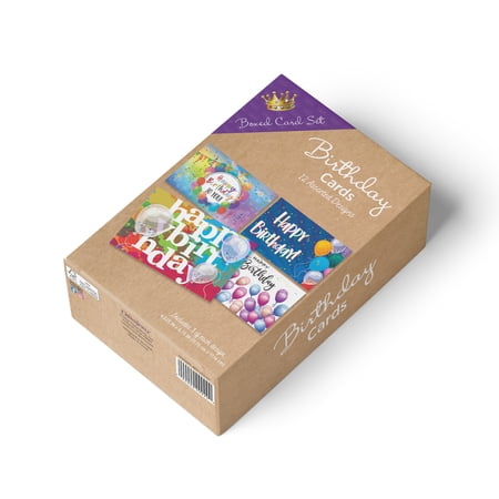 CrownJewlz Birthday Greeting Cards, Blank Inside, Set of 12 (4 Designs), 4.62" x 6.75", Envelopes Included