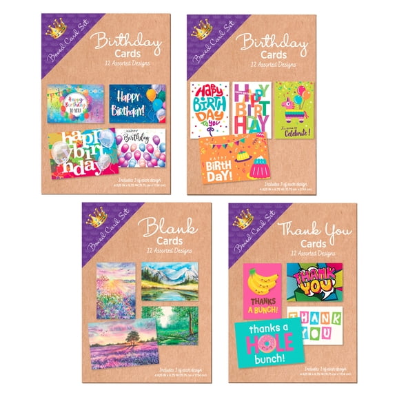CrownJewlz Boxed Card Set, 12 Assorted Designs, Birthday Cards, Thank You Cards, Blank Cards, Envelopes, 4.625 x 6.75 Inches, 4 Sets, Multi-Color